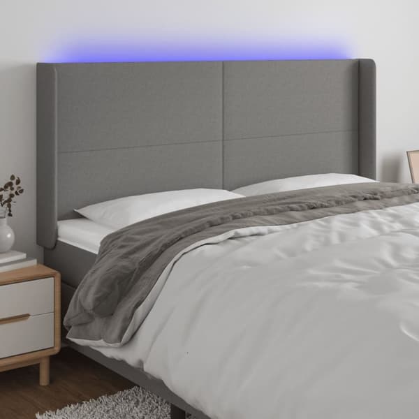 sengegavl med LED-lys 163x16x118/128 cm stof mørkegrå