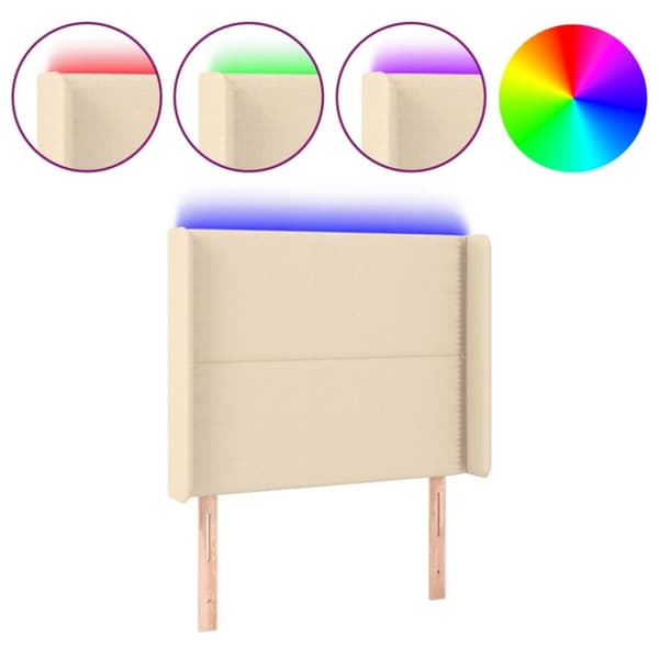 sengegavl med LED-lys 103x16x118/128 cm stof cremefarvet