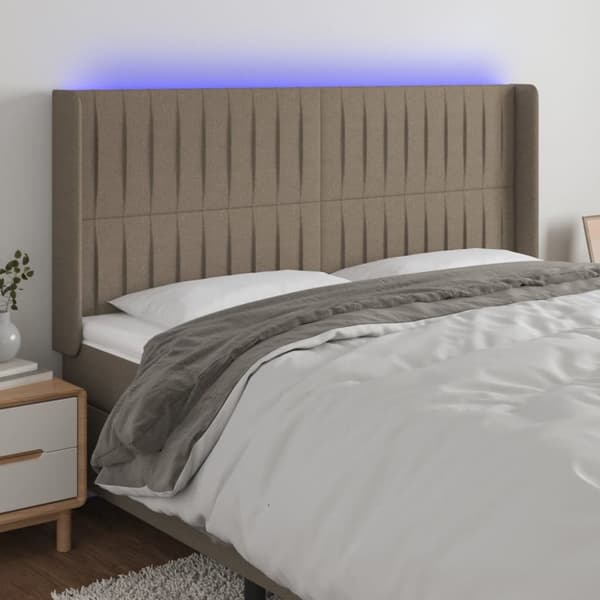 sengegavl med LED-lys 203x16x118/128 cm stof gråbrun
