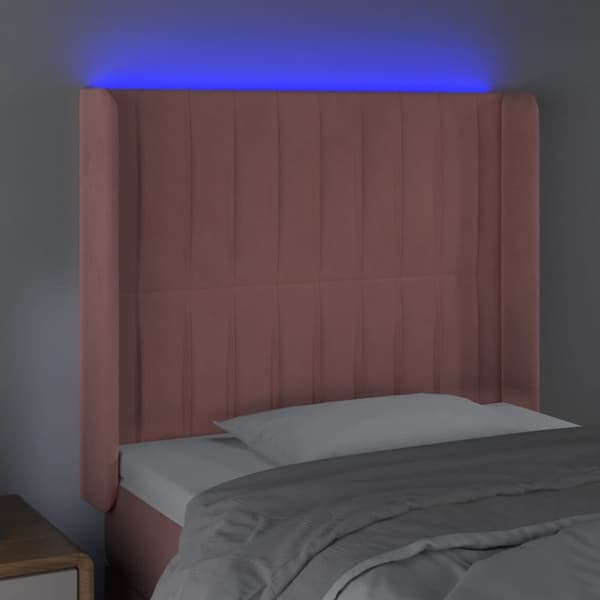 sengegavl med LED-lys 103x16x118/128 cm fløjl lyserød