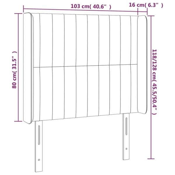 sengegavl med LED-lys 103x16x118/128 cm fløjl lyserød
