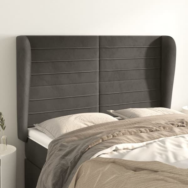 sengegavl med kanter 147x23x118/128 cm fløjl mørkegrå