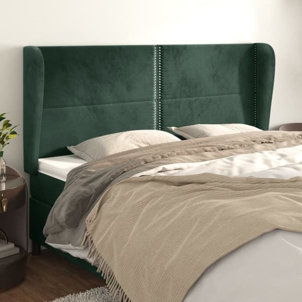 sengegavl med kanter 203x23x118/128 cm fløjl mørkegrøn