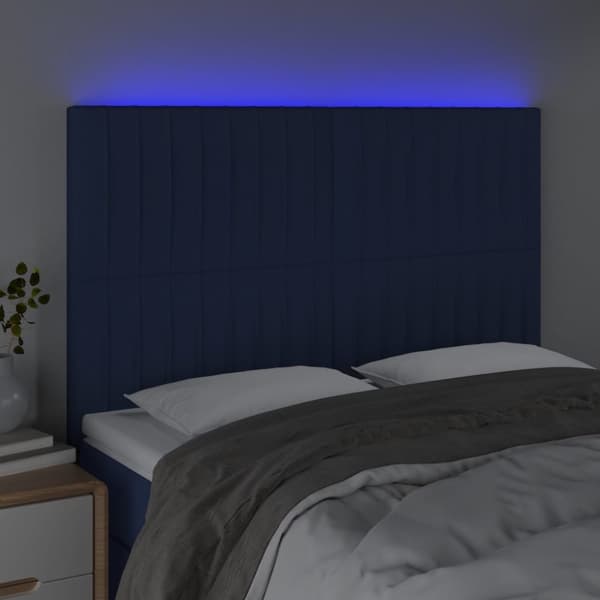 sengegavl med LED-lys 144x5x118/128 cm stof blå