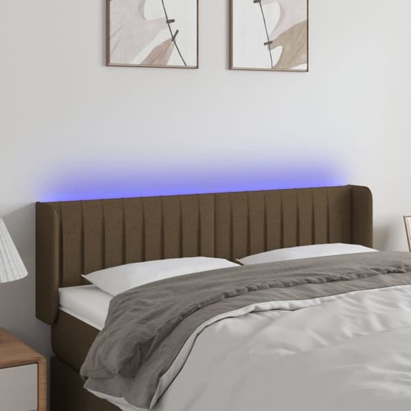 sengegavl med LED-lys 147x16x78/88 cm stof mørkebrun