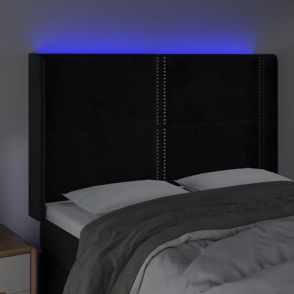 sengegavl med LED-lys 147x16x118/128 cm fløjl sort