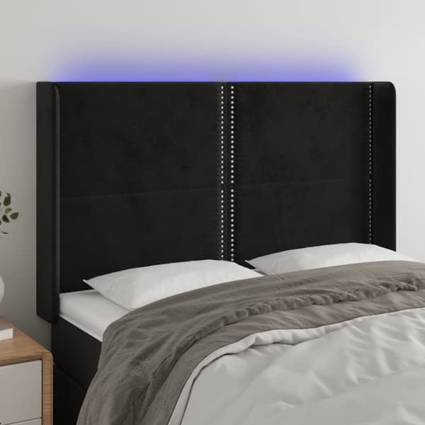 sengegavl med LED-lys 147x16x118/128 cm fløjl sort