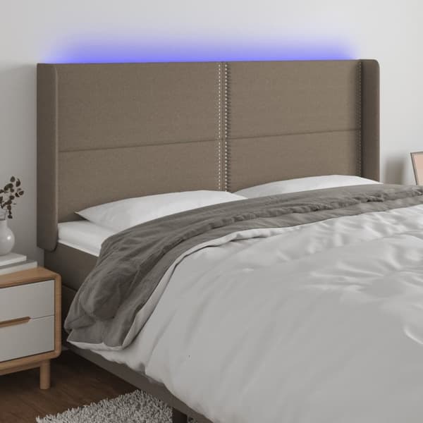 sengegavl med LED-lys 163x16x118/128 cm stof gråbrun