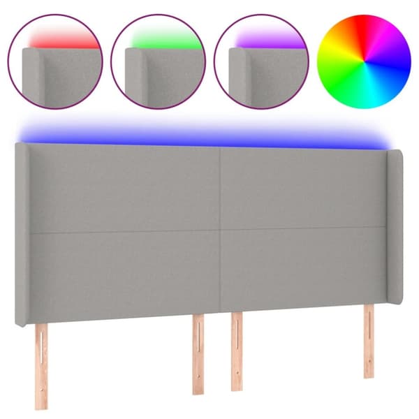 sengegavl med LED-lys 203x16x118/128 cm stof lysegrå