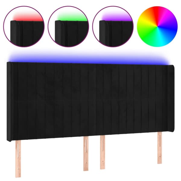 Sängyn pääty LED-valolla, musta, 163x16x118/128 cm, sametti