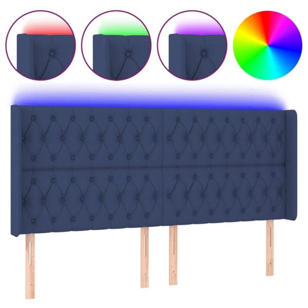 sengegavl med LED-lys 203x16x118/128 cm stof blå