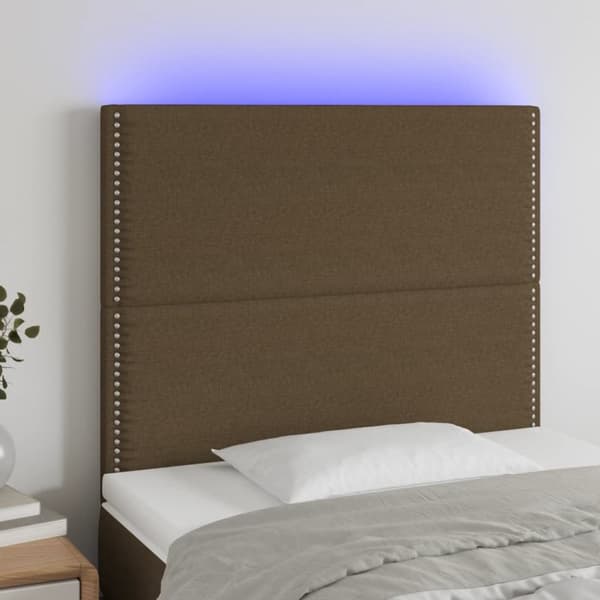 sengegavl med LED-lys 80x5x118/128 cm stof mørkebrun