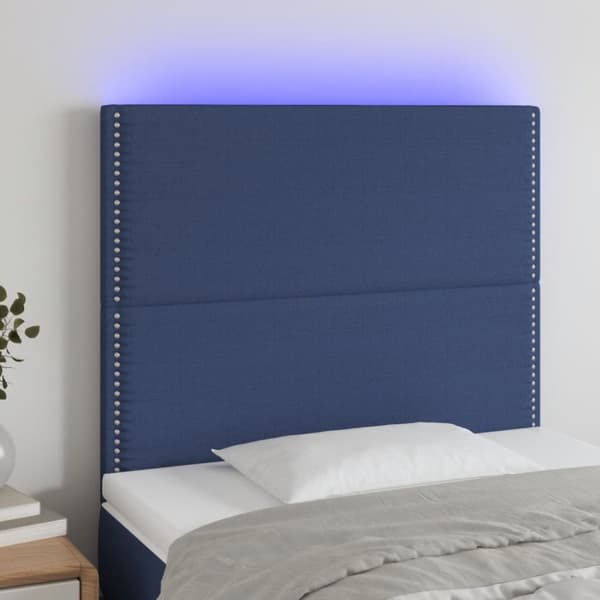 sengegavl med LED-lys 100x5x118/128 cm stof blå