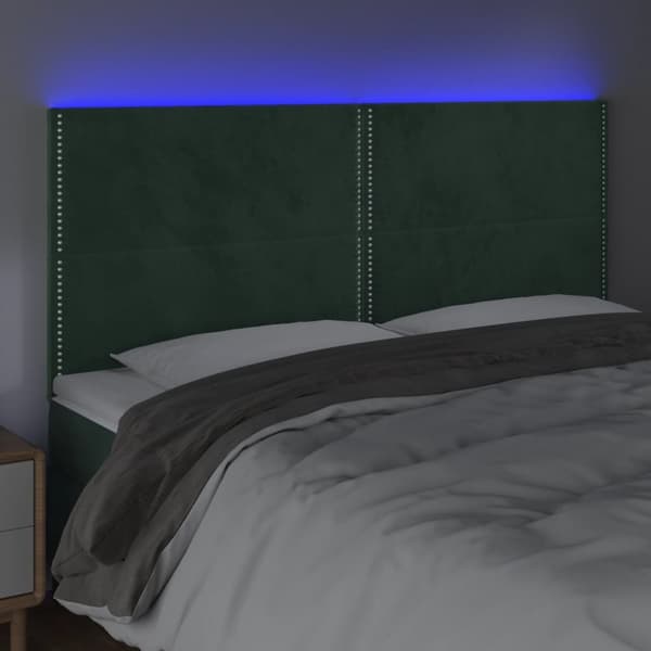 sengegavl med LED-lys 200x5x118/128 cm fløjl mørkegrøn