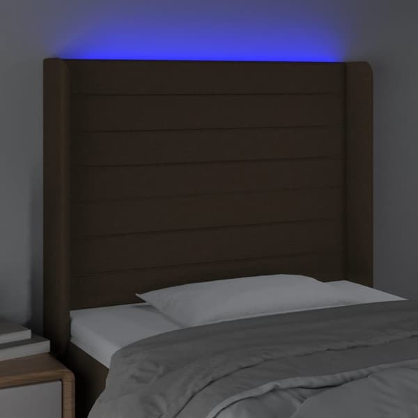 sengegavl med LED-lys 83x16x118/128 cm stof mørkebrun