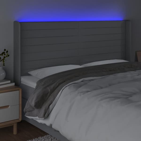 Sängyn pääty LED-valolla, vaaleanharmaa, 183x16x118/128 cm, kangas