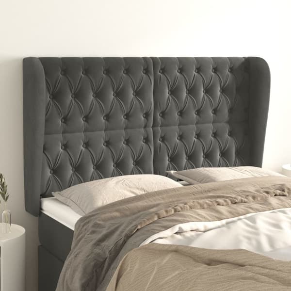 sengegavl med kanter 163x23x118/128 cm fløjl mørkegrå