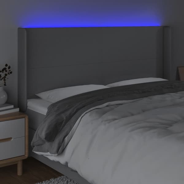 Sängyn pääty LED-valolla, vaaleanharmaa, 163x16x118/128 cm, kangas