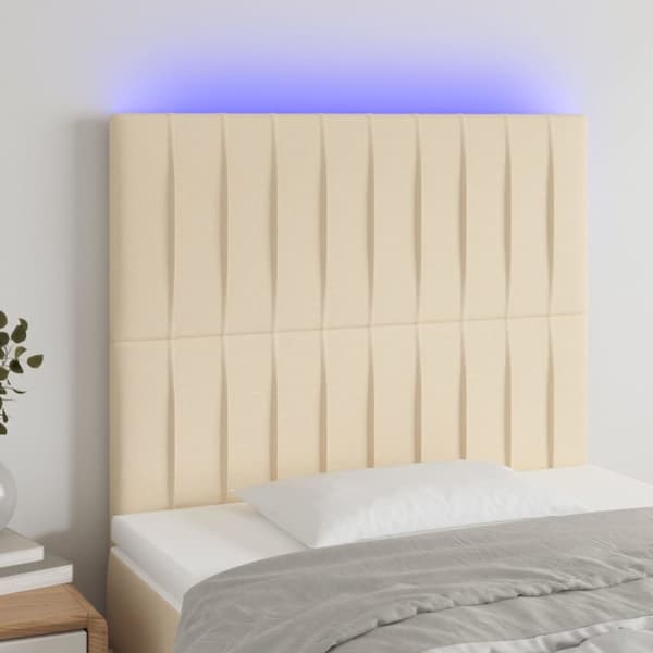 Sängyn pääty LED-valolla, kerma, 90x5x118/128 cm, kangas