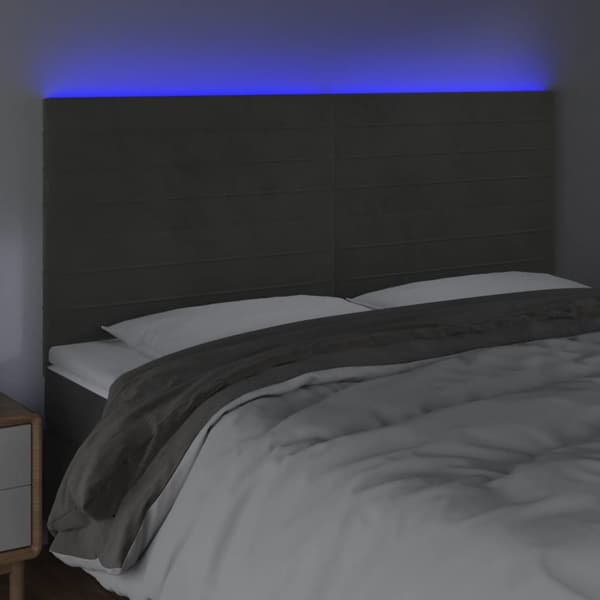 sengegavl med LED-lys 180x5x118/128 cm fløjl mørkegrå