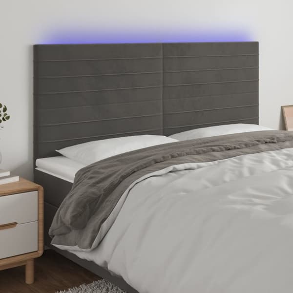sengegavl med LED-lys 180x5x118/128 cm fløjl mørkegrå