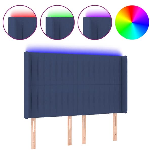 sengegavl med LED-lys 147x16x118/128 cm stof blå