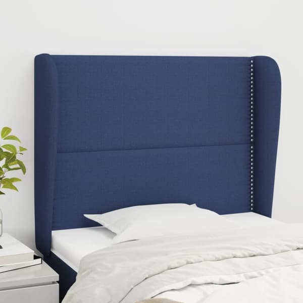 sengegavl med kanter 103x23x118/128 cm stof blå