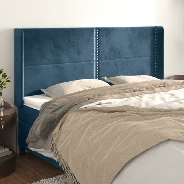 sengegavl med kanter 203x16x118/128 cm fløjl mørkeblå