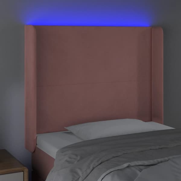 sengegavl med LED-lys 103x16x118/128 cm fløjl lyserød