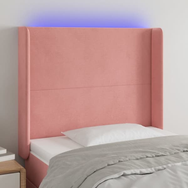 sengegavl med LED-lys 103x16x118/128 cm fløjl lyserød