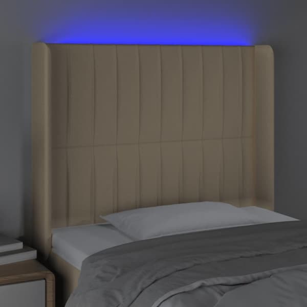 sengegavl med LED-lys 93x16x118/128 cm stof cremefarvet