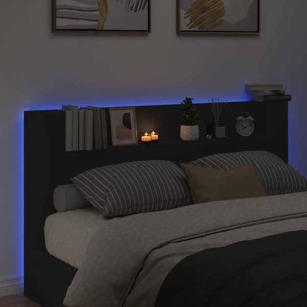 sengegavl med opbevaring og LED-lys 180x16,5x103,5 cm sort