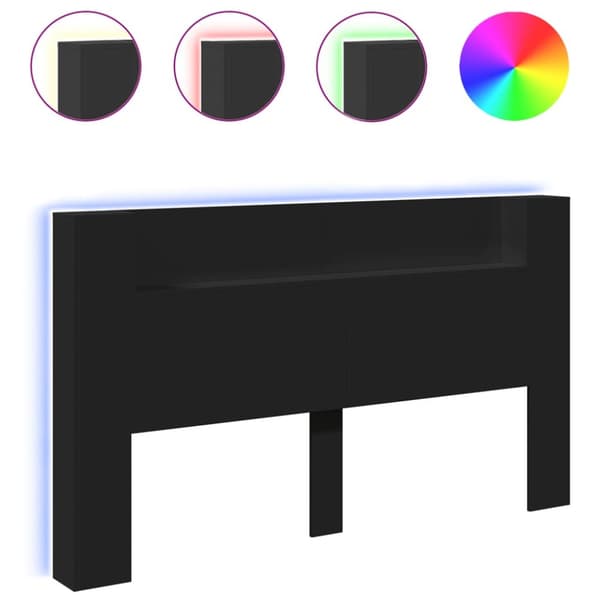 sengegavl med opbevaring og LED-lys 180x16,5x103,5 cm sort