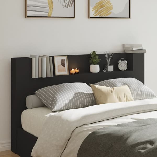 sengegavl med opbevaring og LED-lys 180x16,5x103,5 cm sort