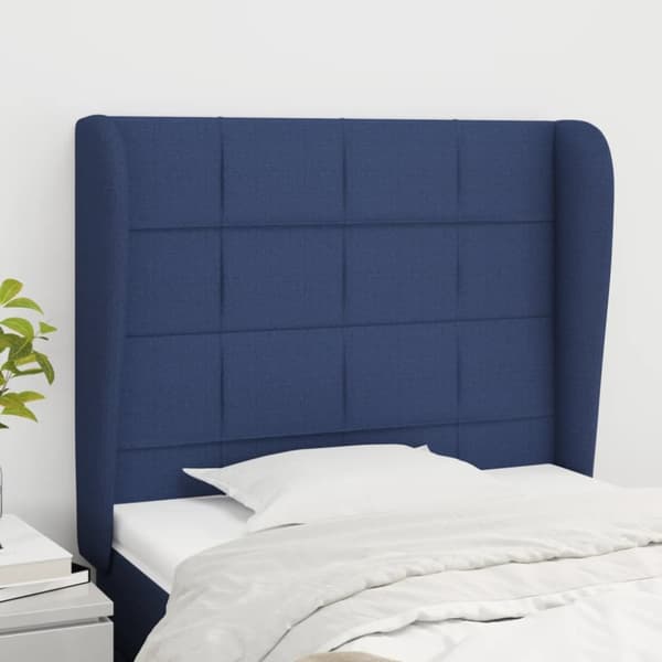 sengegavl med kanter 83x23x118/128 cm stof blå