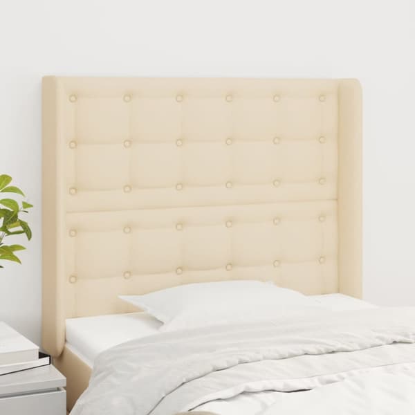 sengegavl med kanter 103x16x118/128 cm stof cremefarvet