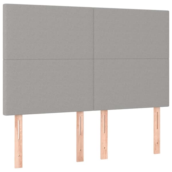 sengegavl med LED-lys 144x5x118/128 cm stof lysegrå