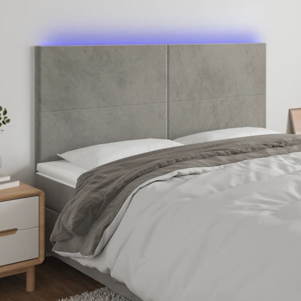 sengegavl med LED-lys 180x5x118/128 cm fløjl lysegrå