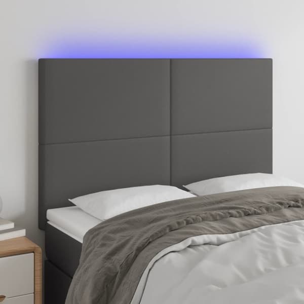 sengegavl med LED-lys 144x5x118/128 cm kunstlæder grå