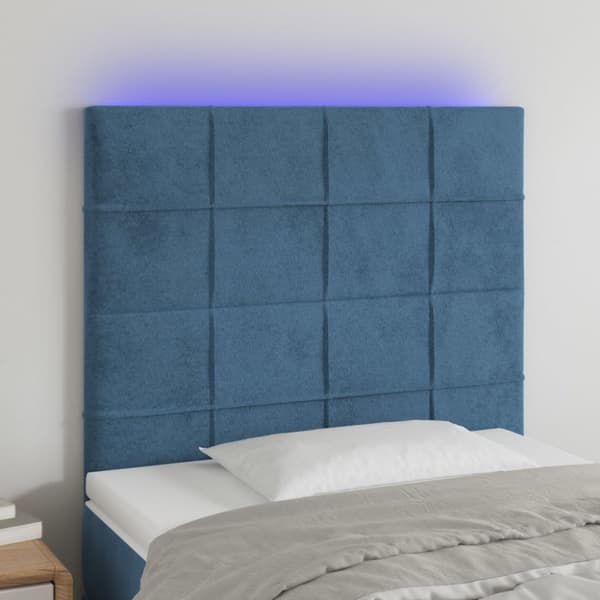 sengegavl med LED-lys 80x5x118/128 cm fløjl mørkeblå