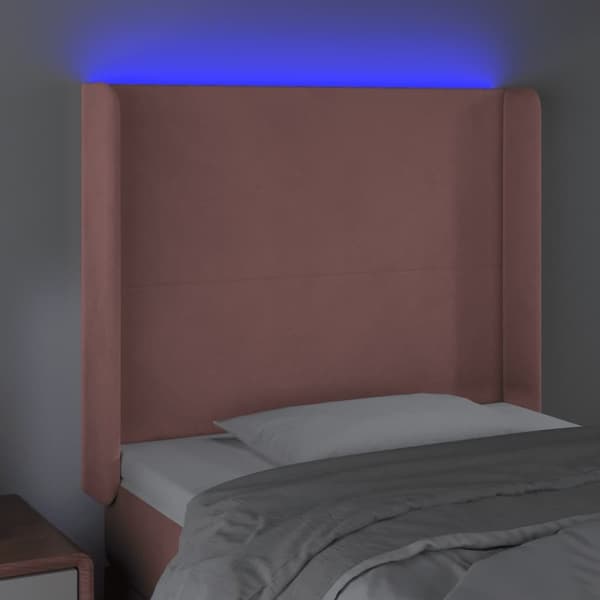 sengegavl med LED-lys 83x16x118/128 cm fløjl lyserød