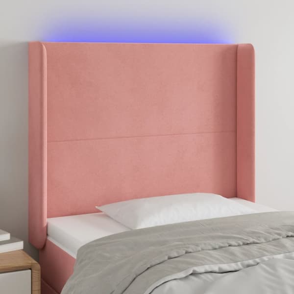 sengegavl med LED-lys 83x16x118/128 cm fløjl lyserød