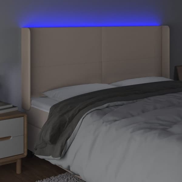 sengegavl med LED-lys 203x16x118/128 cm kunstlæder cappuccino