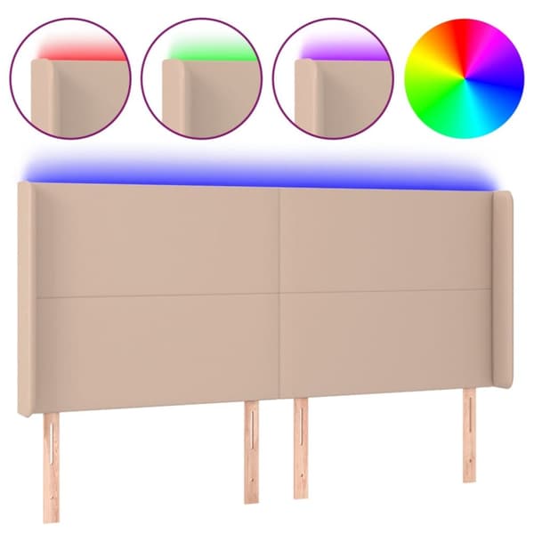 sengegavl med LED-lys 203x16x118/128 cm kunstlæder cappuccino