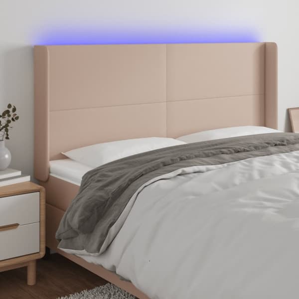sengegavl med LED-lys 203x16x118/128 cm kunstlæder cappuccino