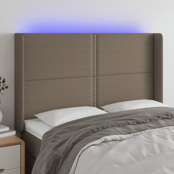 sengegavl med LED-lys 147x16x118/128 cm stof gråbrun