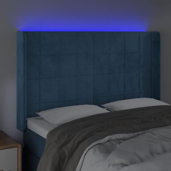 sengegavl med LED-lys 147x16x118/128 cm fløjl mørkeblå
