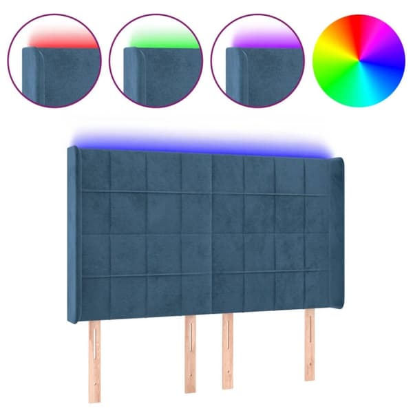 sengegavl med LED-lys 147x16x118/128 cm fløjl mørkeblå