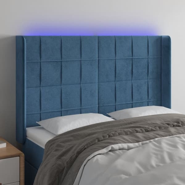 sengegavl med LED-lys 147x16x118/128 cm fløjl mørkeblå