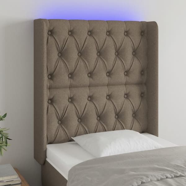 sengegavl med LED-lys 83x16x118/128 cm stof gråbrun